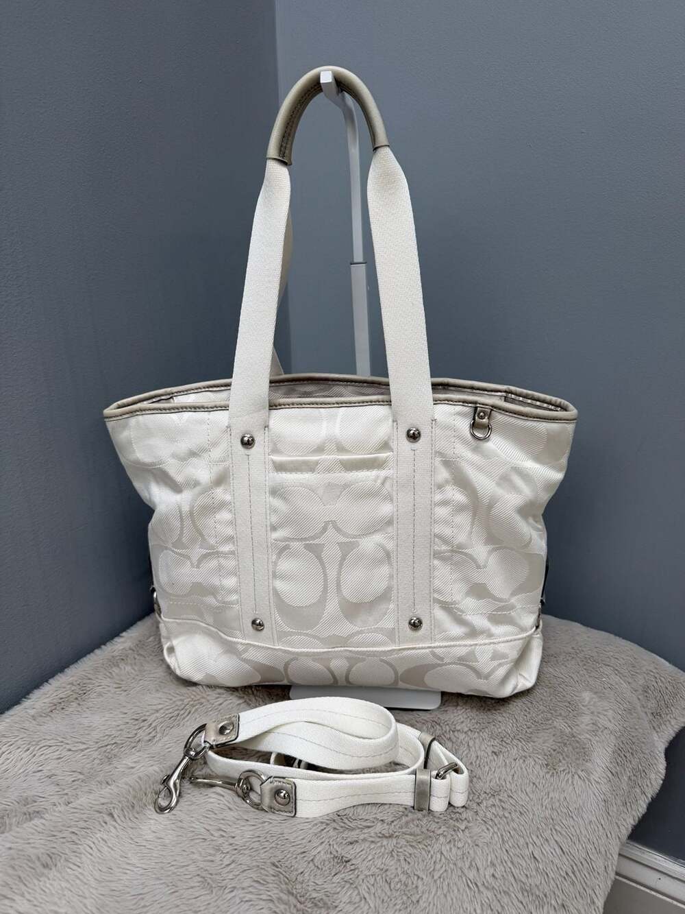 Coach Kyra Signature White Nylon Leather Tote Bag